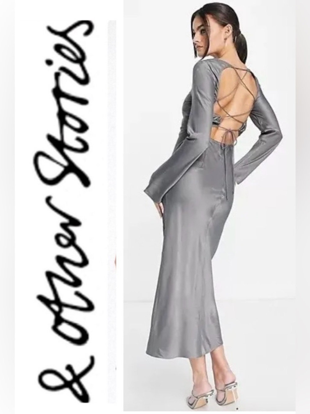 & Other Stories Foil Midi Dress in silver metallic- size 10 NWT